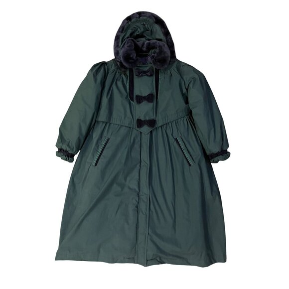Vintage Rothschild Green Faux Fur Hooded Coat Womens M/L Velvet Bows Used Unique - Picture 3 of 16